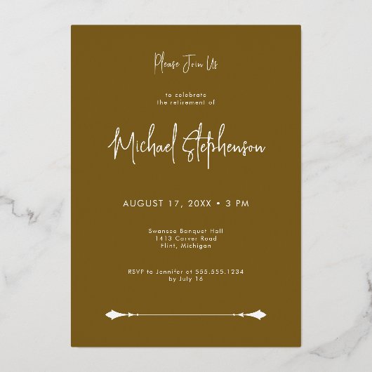 Moderne minimale bruine pensioenpartij folie uitnodiging (Achterkant)