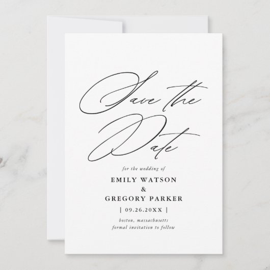 Moderne Minimale Calligrafie Black Wedding Save The Date (Voorkant)