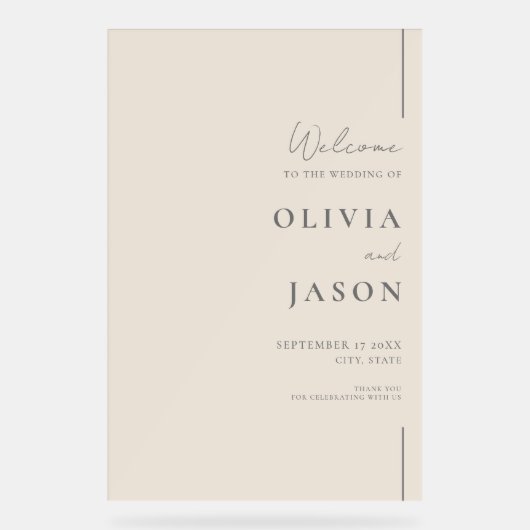 Moderne minimale champagne bruiloft welkom acryl bord (Voorkant)