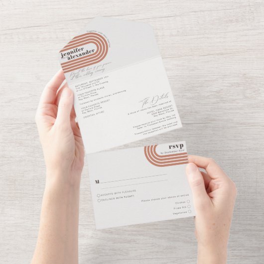 Moderne minimale chique terracotta roest bruiloft all in one uitnodiging (Afscheurbaar)