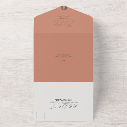 Moderne minimale chique terracotta roest bruiloft all in one uitnodiging (Buitenkant)