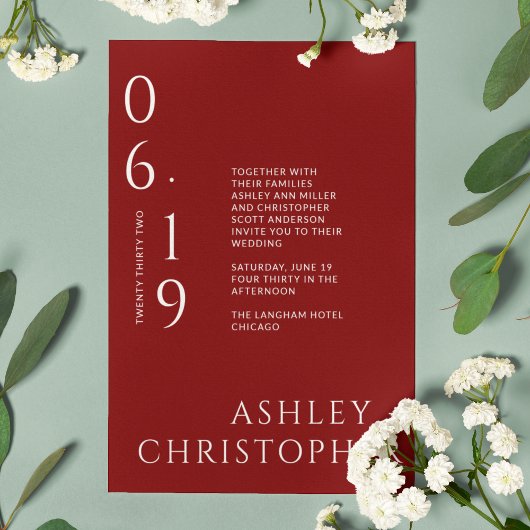 Moderne minimale Crimson Red Split Datum Bruiloft Kaart