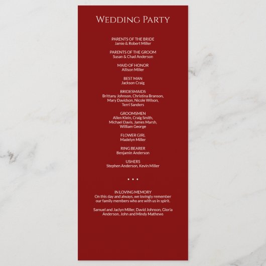 Moderne minimale Crimson rode bruiloft ceremonie Programmakaart (Achterkant)