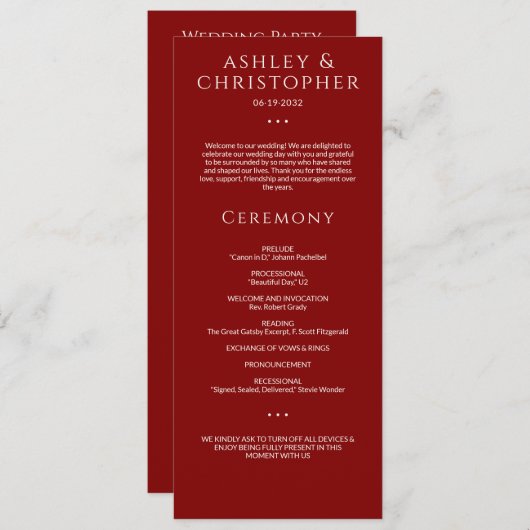 Moderne minimale Crimson rode bruiloft ceremonie Programmakaart (Voorkant / Achterkant)