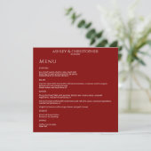 Moderne minimale Crimson rode bruiloft receptie Menu (Staand voorkant)
