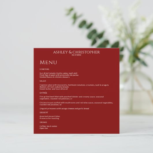 Moderne minimale Crimson rode bruiloft receptie Menu (Staand voorkant)