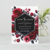 Moderne minimale Crimson rode bruiloft Save The Date (Staand voorkant)
