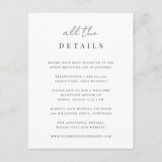 Moderne Minimale details over het script bruiloft Informatiekaartje (Voorkant)