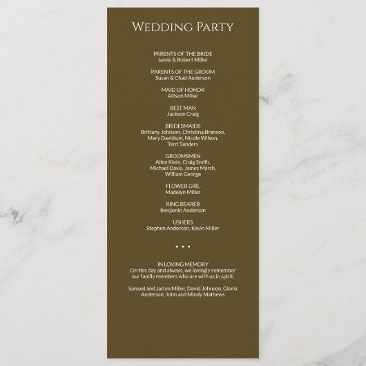 Moderne minimale donker brons bruiloft ceremonie programmakaart (Achterkant)