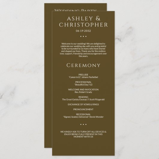 Moderne minimale donker brons bruiloft ceremonie programmakaart (Voorkant / Achterkant)