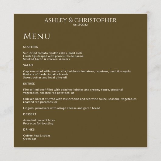 Moderne minimale donker brons bruiloft receptie menu (Voorkant)