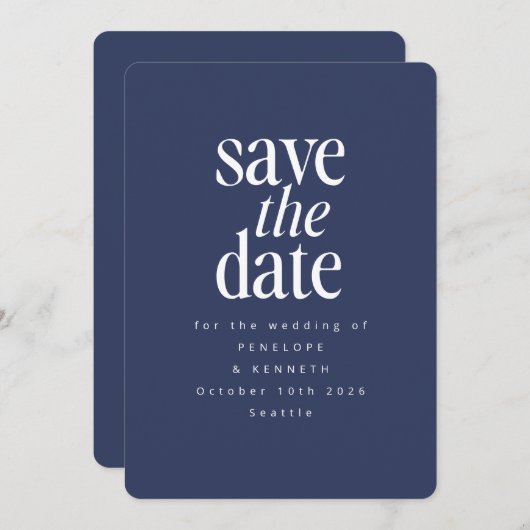 Moderne, minimale donkerblauw, eenvoudige legant save the date (Voorkant / Achterkant)