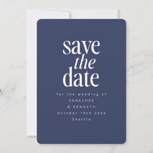 Moderne, minimale donkerblauw, eenvoudige legant save the date (Voorkant)