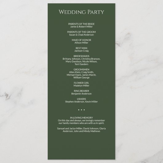 Moderne minimale donkere mos groene bruiloft cerem programmakaart (Achterkant)