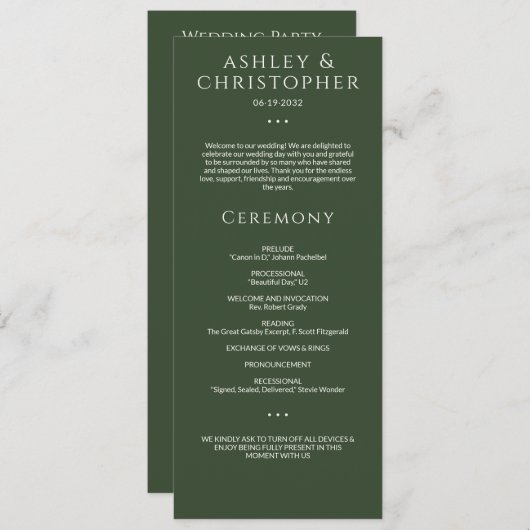 Moderne minimale donkere mos groene bruiloft cerem programmakaart (Voorkant / Achterkant)