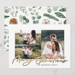 Moderne, minimale drie foto-kerstmanuscriptfamilie feestdagenkaart