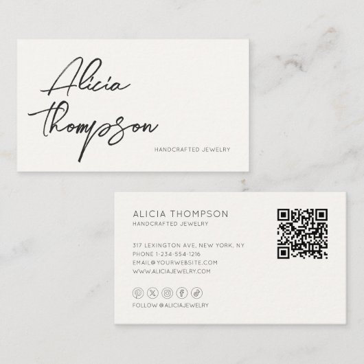 Moderne minimale eenvoudige handgeschreven QR-code Visitekaartje (Voorkant / Achterkant)