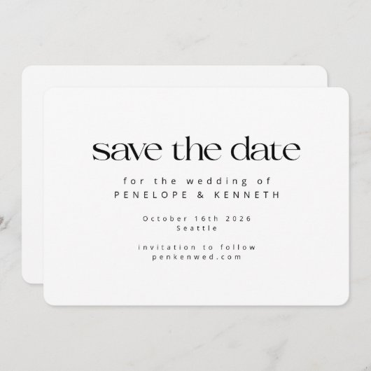 Moderne, minimale, eenvoudige witte bruiloft save the date (Voorkant / Achterkant)