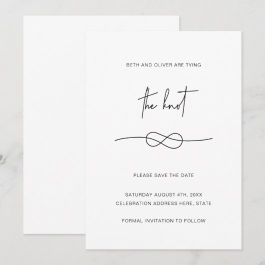 Moderne Minimale Eenvoudige Zwarte Knot sparen de  Save The Date (Voorkant / Achterkant)
