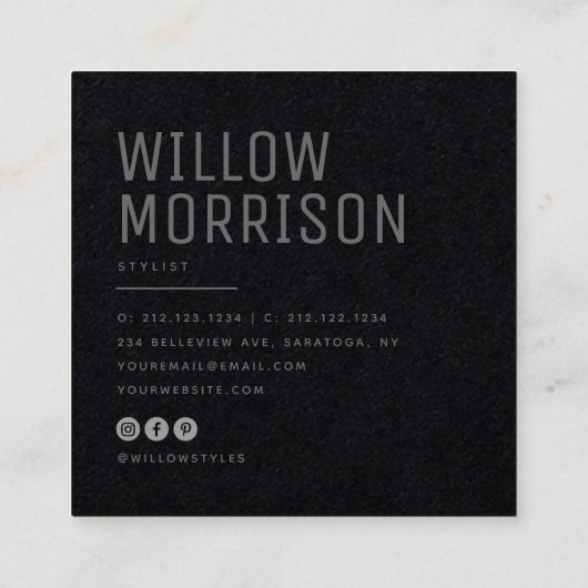 Moderne, minimale, eenvoudige zwarte professionele vierkante visitekaartje (Achterkant)