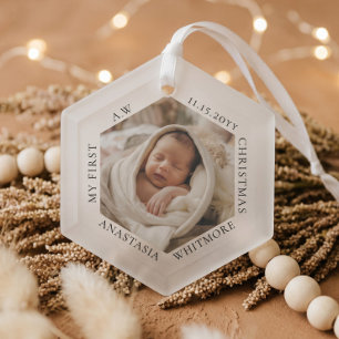 Moderne Minimale Elegante Baby Eerste Kerst Foto Glas Ornament