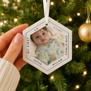 Moderne Minimale Elegante Baby Eerste Kerst Foto Glas Ornament
