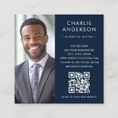 Moderne minimale elegante donkerblauwe foto vierkante visitekaartje (Voorkant)