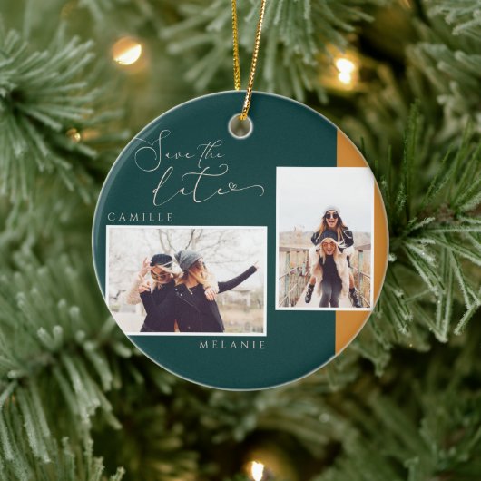 Moderne, minimale elegante Gold & Blauwgroen foto  Keramisch Ornament (Boom)