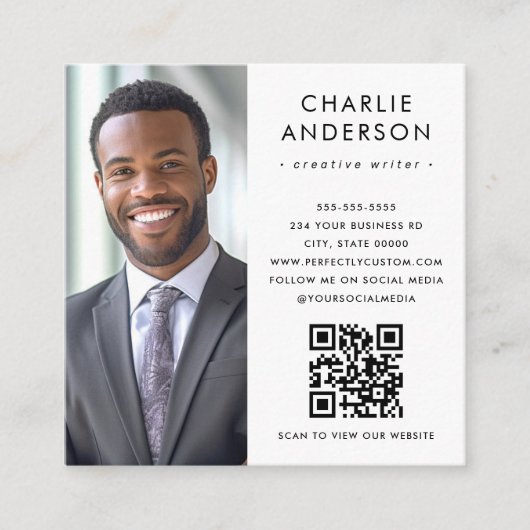Moderne minimale elegante witte foto QR code Vierkante Visitekaartje (Voorkant)