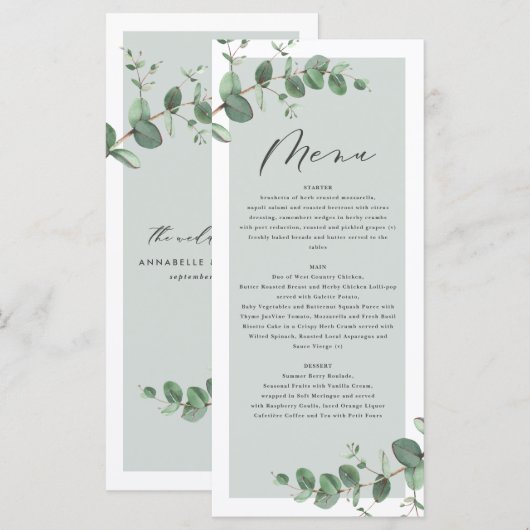 Moderne minimale eucalyptus eenvoudige elegante br menu (Voorkant / Achterkant)