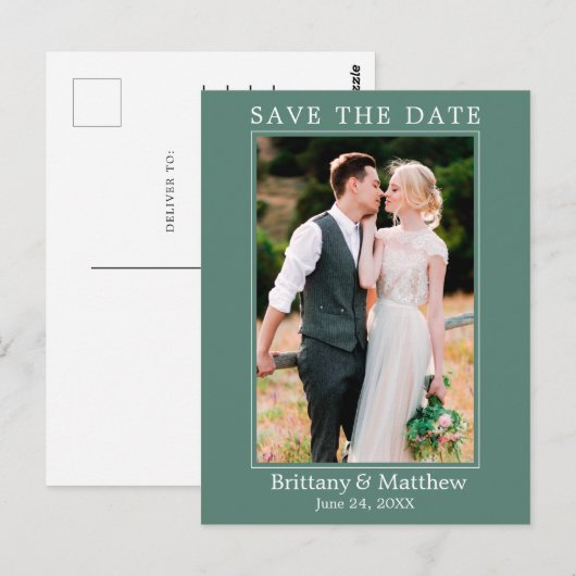 Moderne, minimale Eucalyptus Green Save the Date Briefkaart (Voorkant / Achterkant)