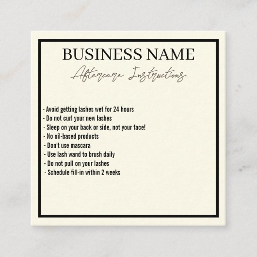 Moderne, minimale Eyelashes Aftercare Card Vierkante Visitekaartje (Voorkant)