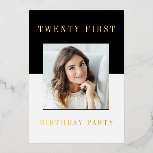 Moderne minimale foto 21e verjaardag folie uitnodiging (Voorkant)