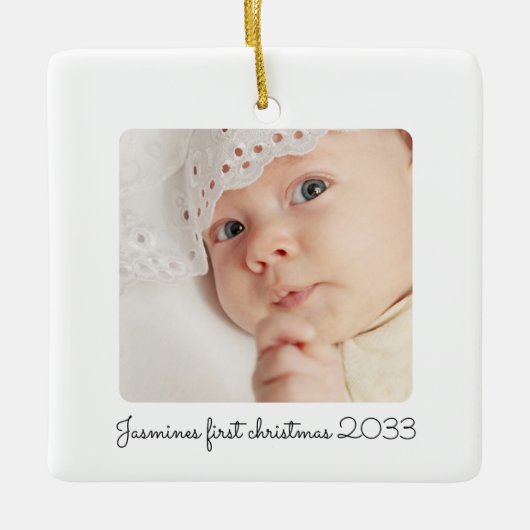 Moderne minimale foto baby's eerste kerst keramisch ornament (Voorkant)