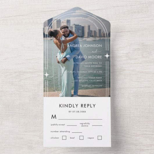 Moderne minimale foto-boho Arch Sparkle Wedding All In One Uitnodiging (Binnen)