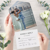 Moderne minimale foto-boho Arch Sparkle Wedding All In One Uitnodiging