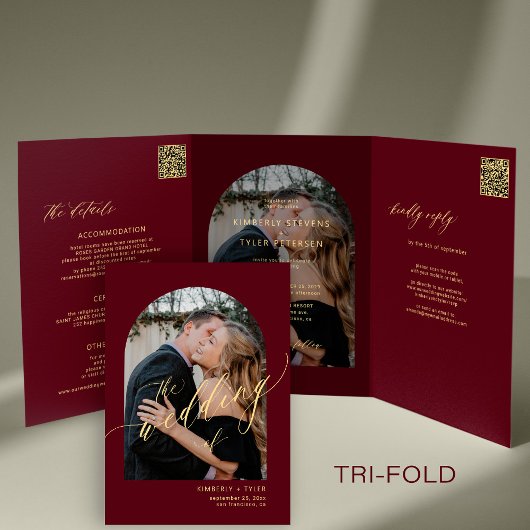 Moderne minimale foto bruiloft RSVP details Bourgo Drieluik Uitnodiging