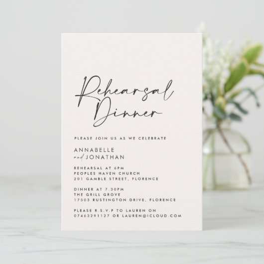 Moderne Minimale foto Huwelijksrepetitie Diner Kaart (Staand voorkant)