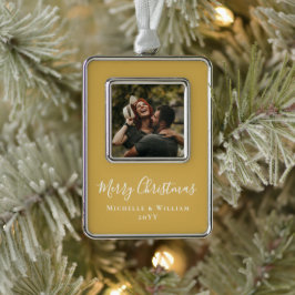 Moderne Minimale Foto Kerst Script Goud Verzilverd Omlijst Ornament