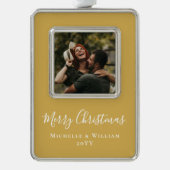 Moderne Minimale Foto Kerst Script Goud Verzilverd Omlijst Ornament (Voorkant)