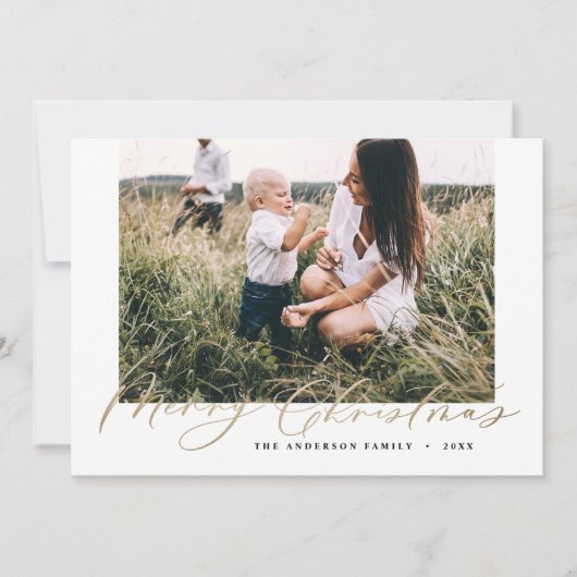 Moderne, minimale foto-kerstelegant gouden script feestdagenkaart (Voorkant)