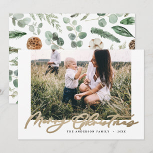 Moderne, minimale foto-kerstelegant gouden script feestdagenkaart
