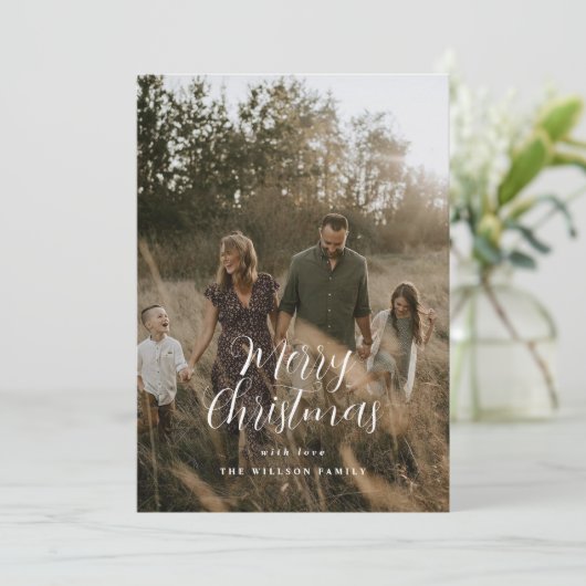 Moderne, minimale foto-kerstelegant script feestdagenkaart (Staand voorkant)