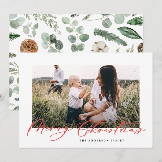 Moderne, minimale foto-kerstelegant script feestdagenkaart (Voorkant / Achterkant)