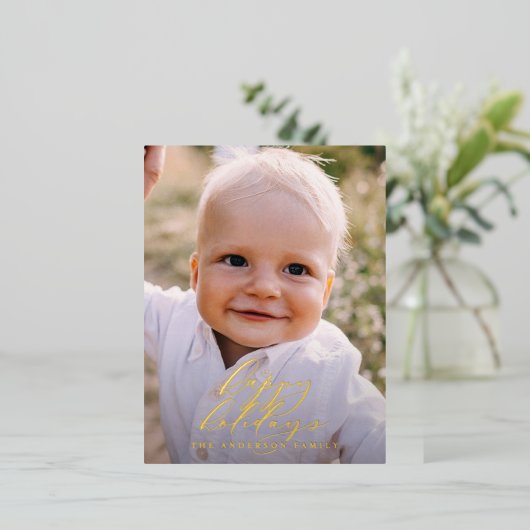 Moderne, minimale foto-kerstelegant script folie feestdagen briefkaart (Staand Voorkant)