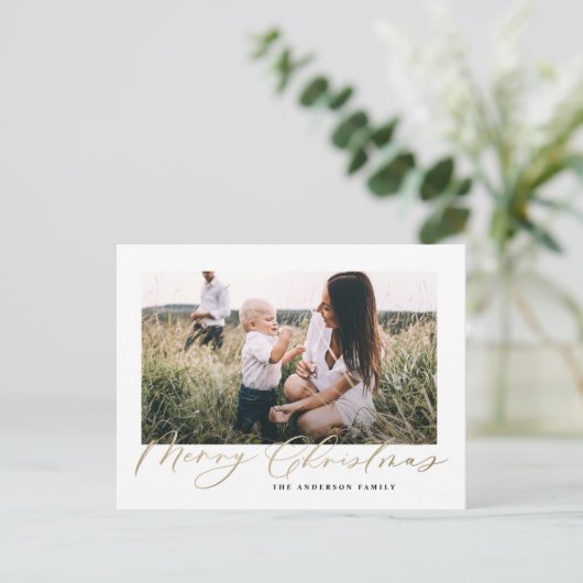 Moderne, minimale foto Kerstelegant script Holi Feestdagenkaart (Staand voorkant)