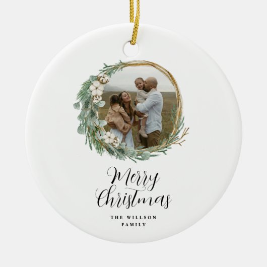 Moderne, minimale foto-kerstelegant script keramisch ornament (Voorkant)