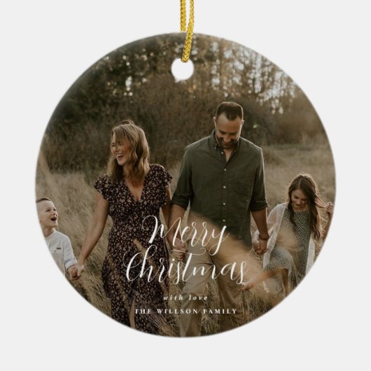Moderne, minimale foto-kerstelegant script keramisch ornament (Voorkant)