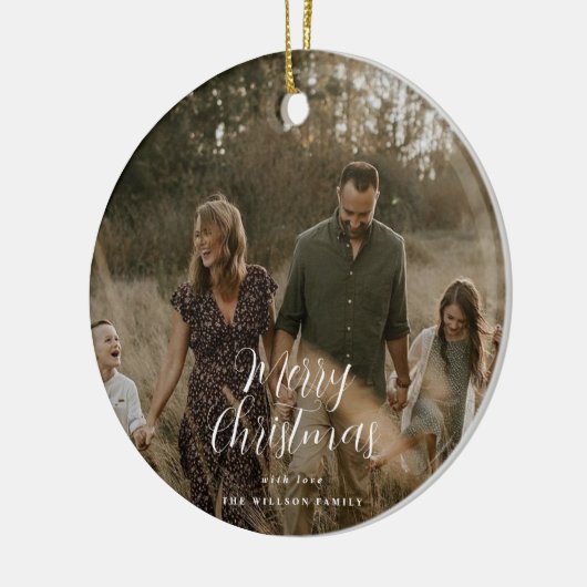 Moderne, minimale foto-kerstelegant script keramisch ornament (Links)