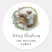 Moderne, minimale foto-kerstelegant script ronde sticker (Voorkant)